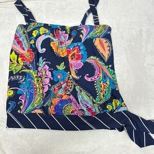 Pink and Blue Tie Front Crop Swim Tankini Top